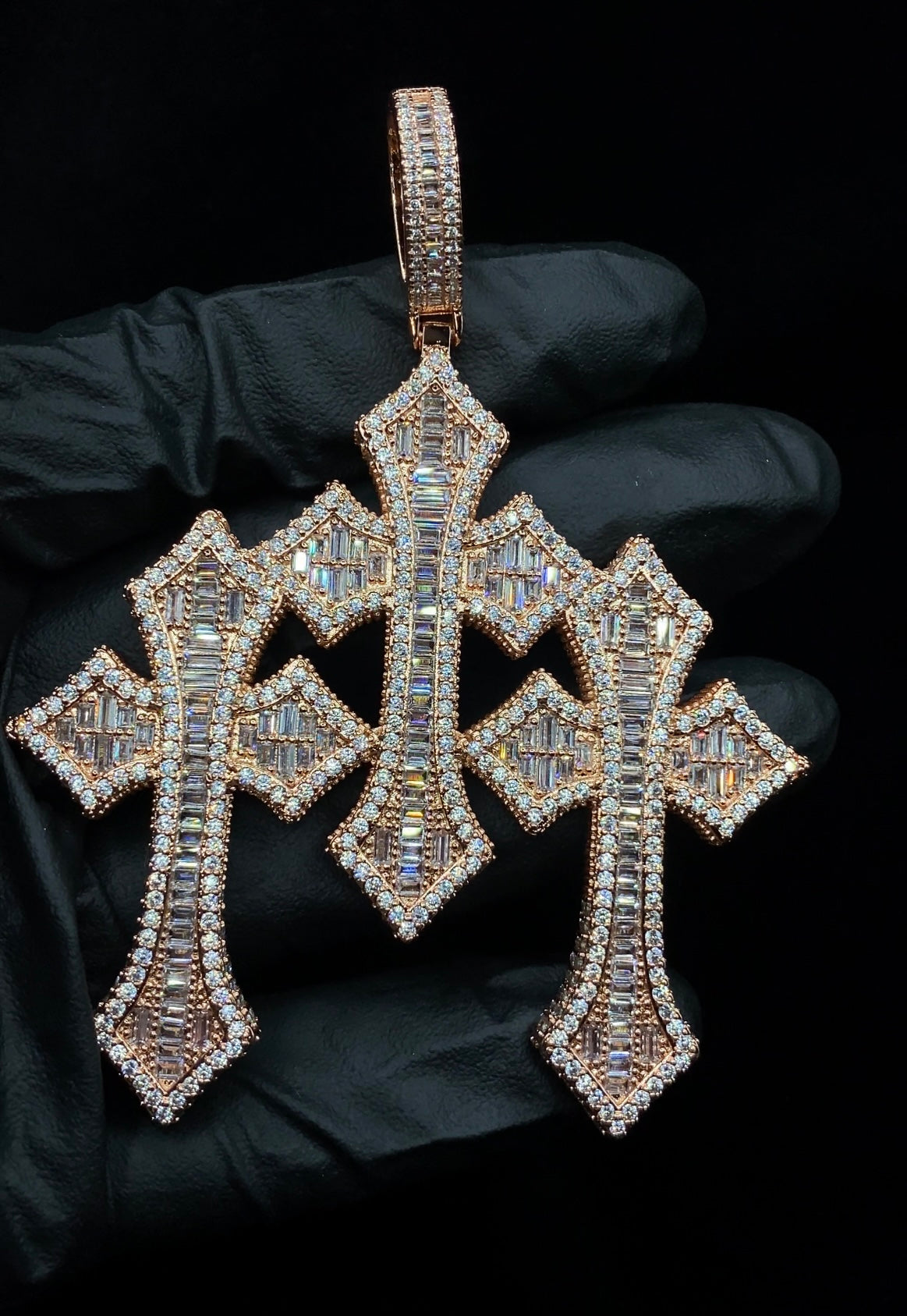 XL triple cross pendant silver plated iced out necklace