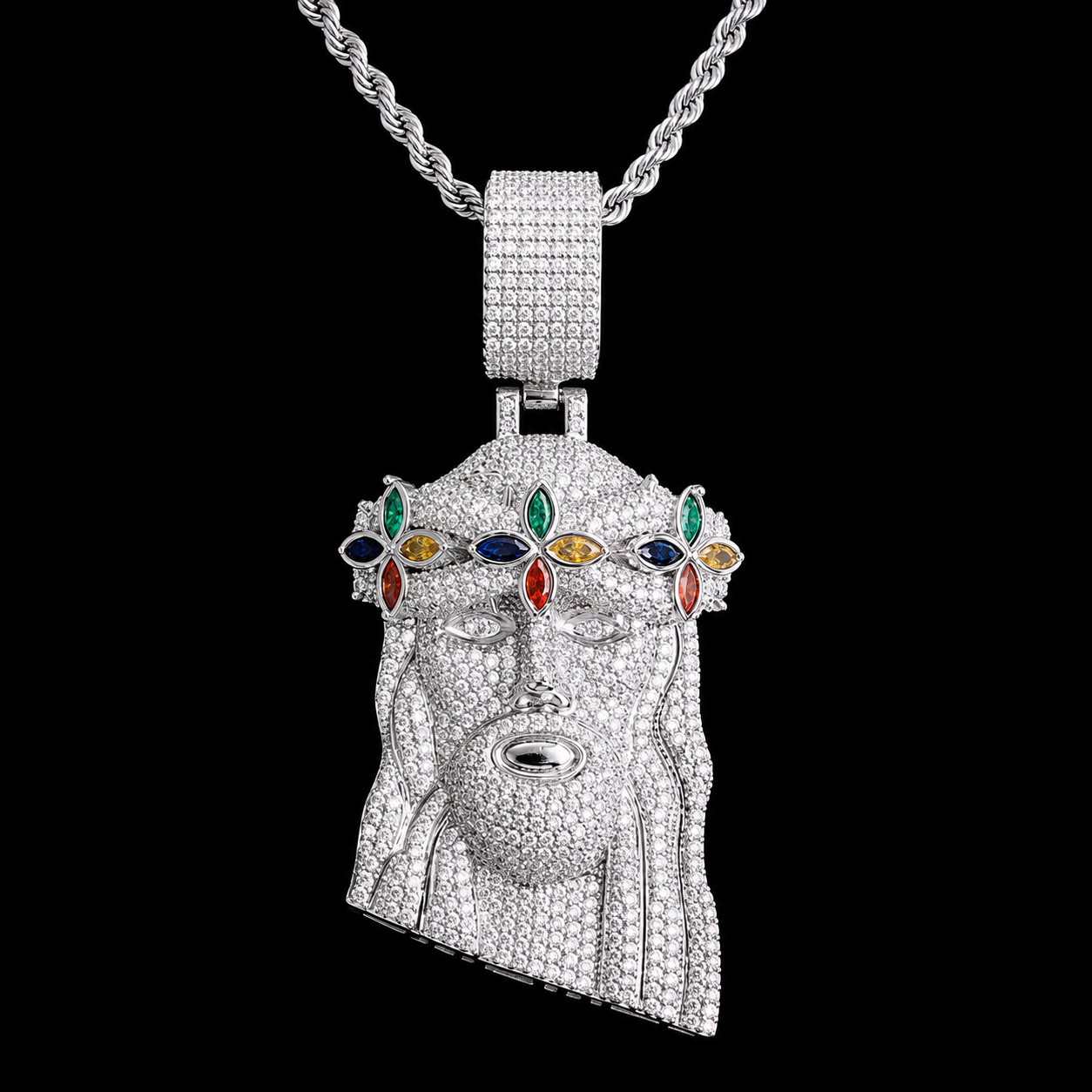 Multi-Stone Jesus Head Pendant