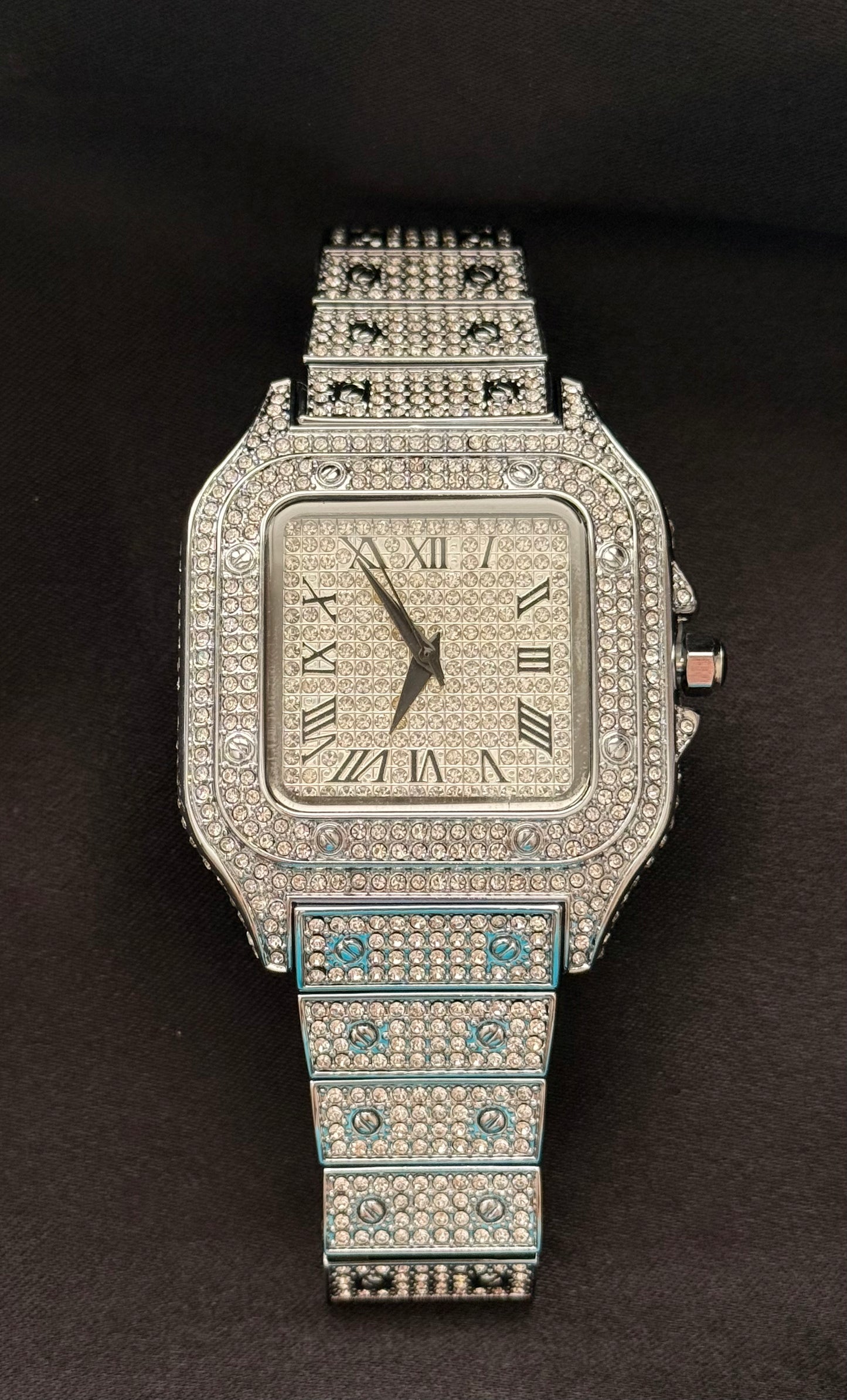 Fiji BustDown Watch worn on wrist, iced out mens watch