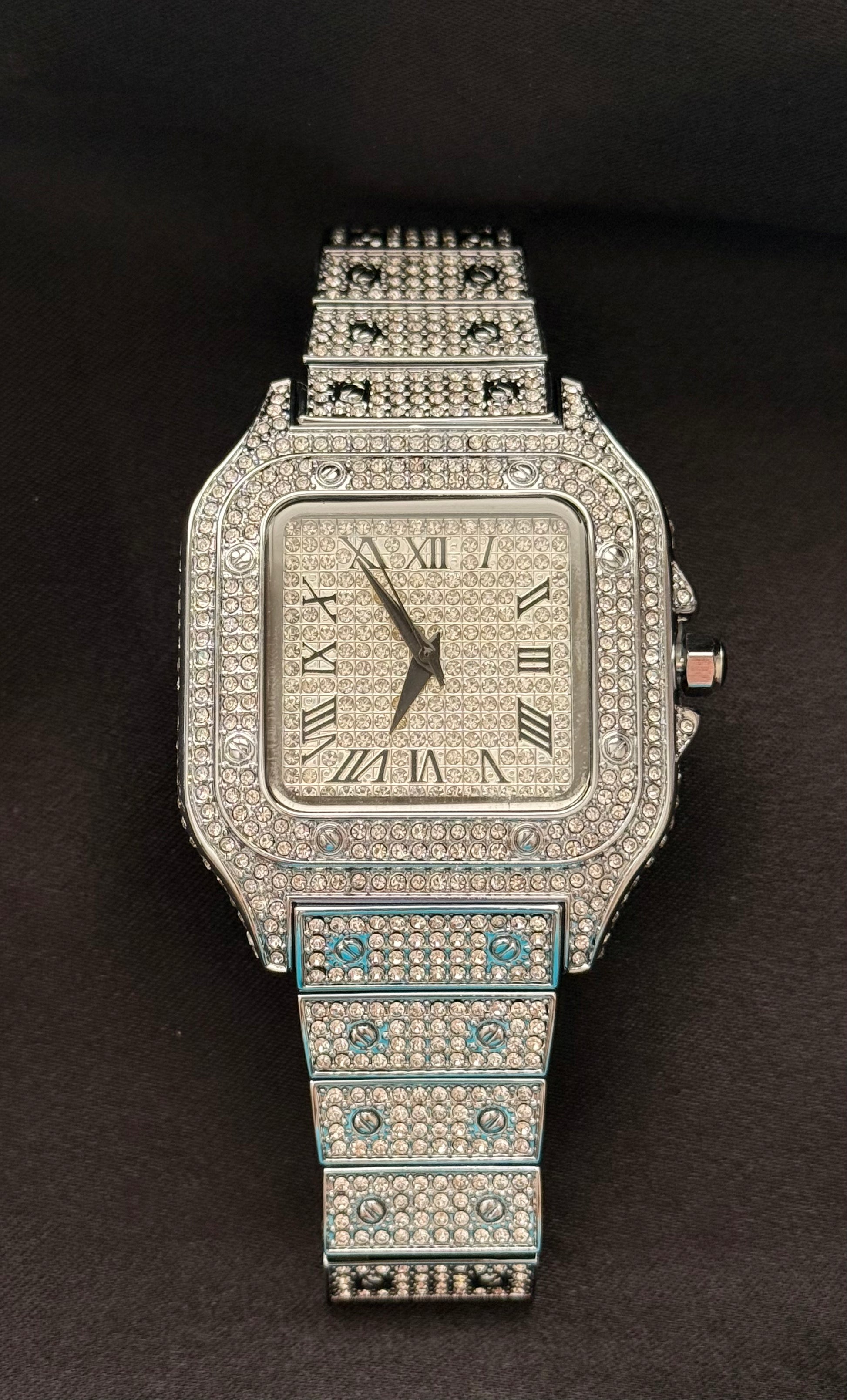 Fiji BustDown Watch worn on wrist, iced out mens watch