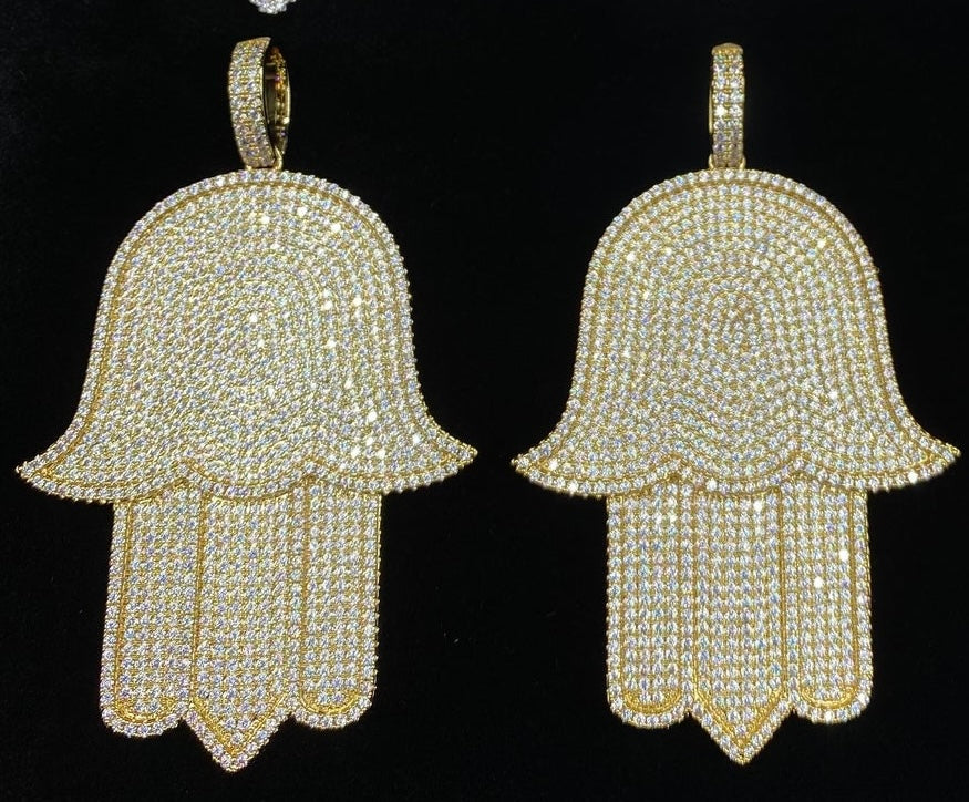 Iced out Hamsa pendant silver plated with 20 inch rope chain