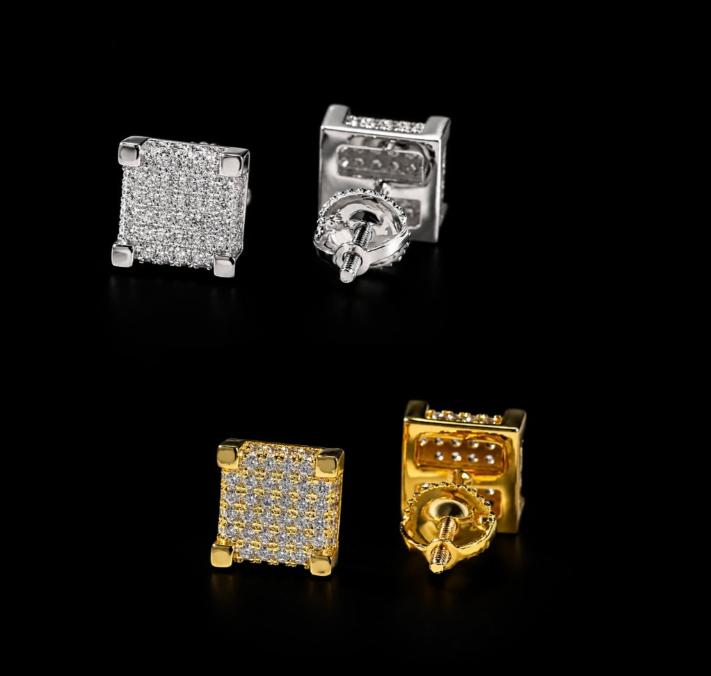 Charmbox Men square ice cube earrings gold plated cubic zirconia
