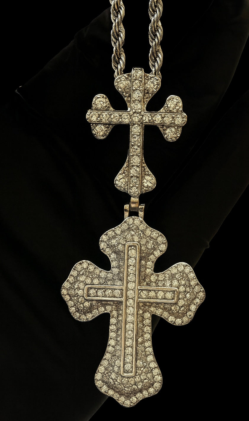 Double cross pendant silver plated iced out necklace