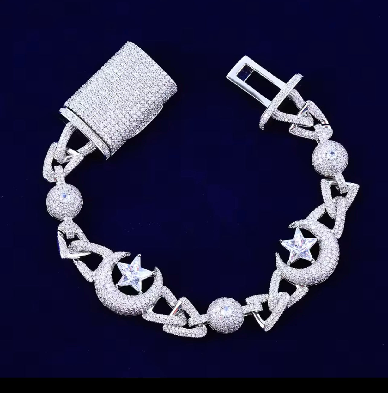 Iced out moonstar bracelet silver plated close up