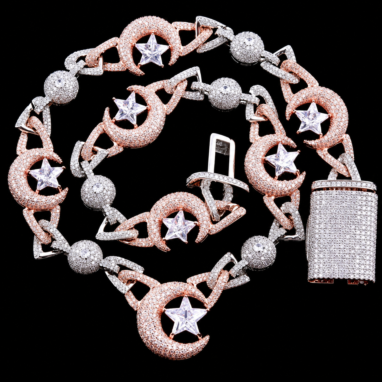 Iced out moonstar chain worn by model, Charmbox Men