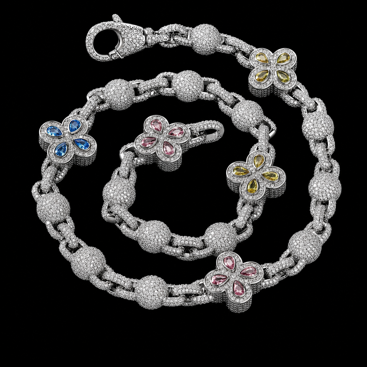 Iced out clover chain silver plated close up
