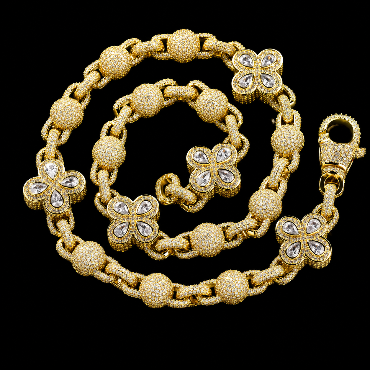 Iced out clover chain worn by model, Charmbox Men