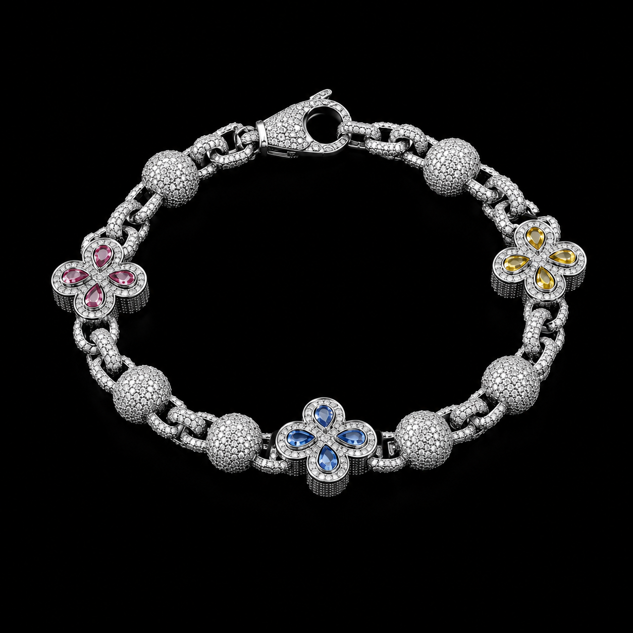 Iced out clover bracelet silver plated close up