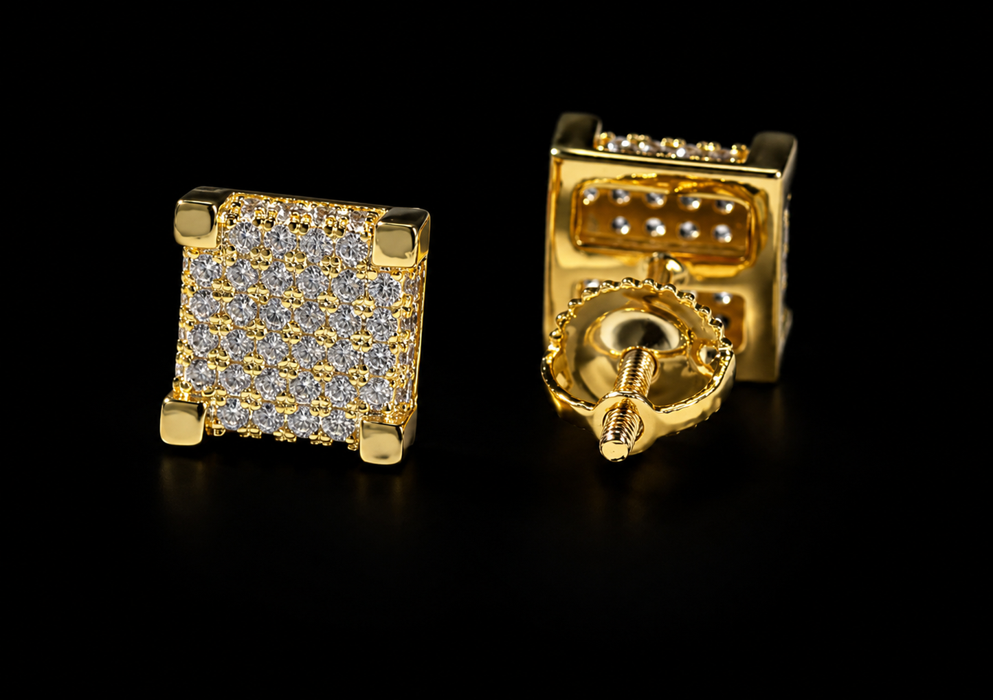 Square ice cube earrings worn by model, Charmbox Men