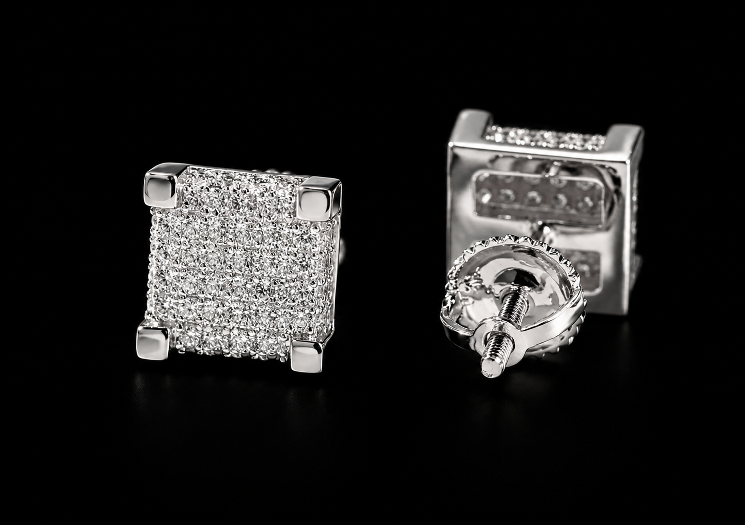 Square ice cube earrings silver plated iced out pair