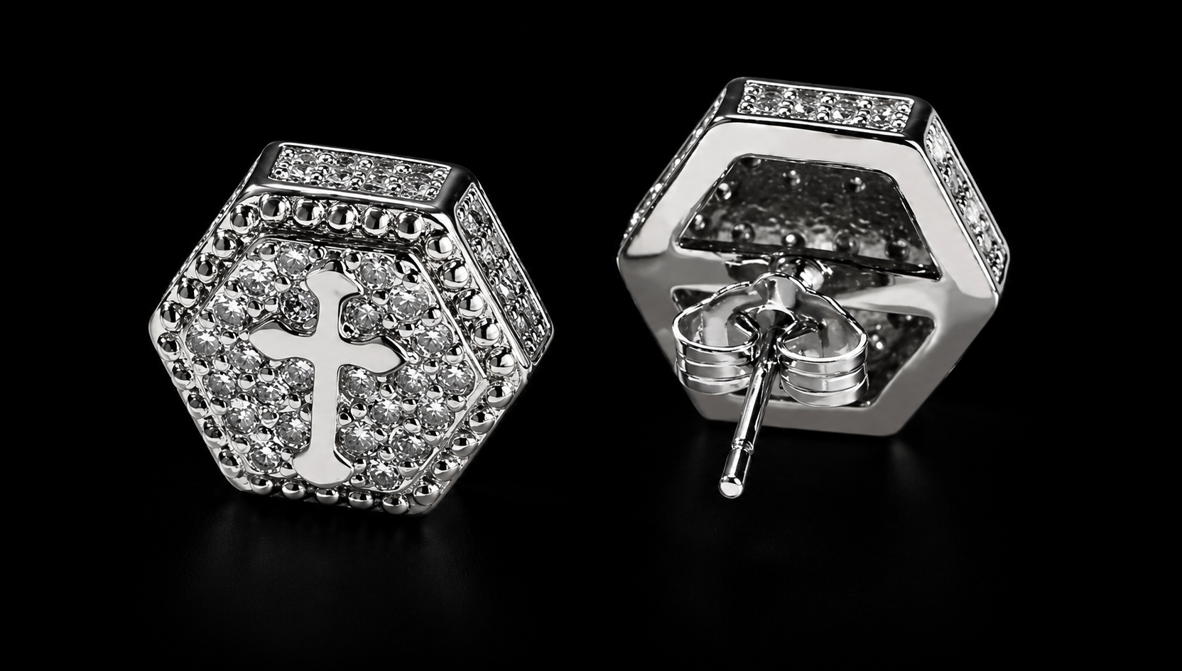 Cross earrings worn by model, Charmbox Men