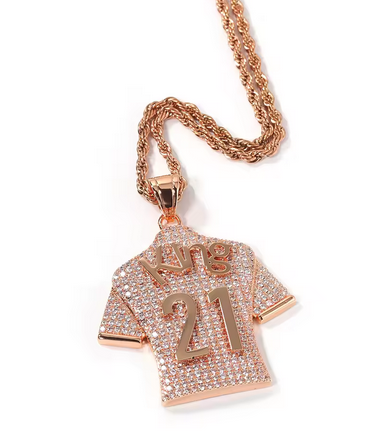 Iced out custom jersey pendant close up detail