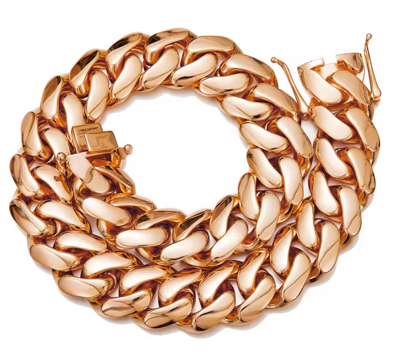 Rose Gold Miami Cuban chain worn by model, Charmbox Men