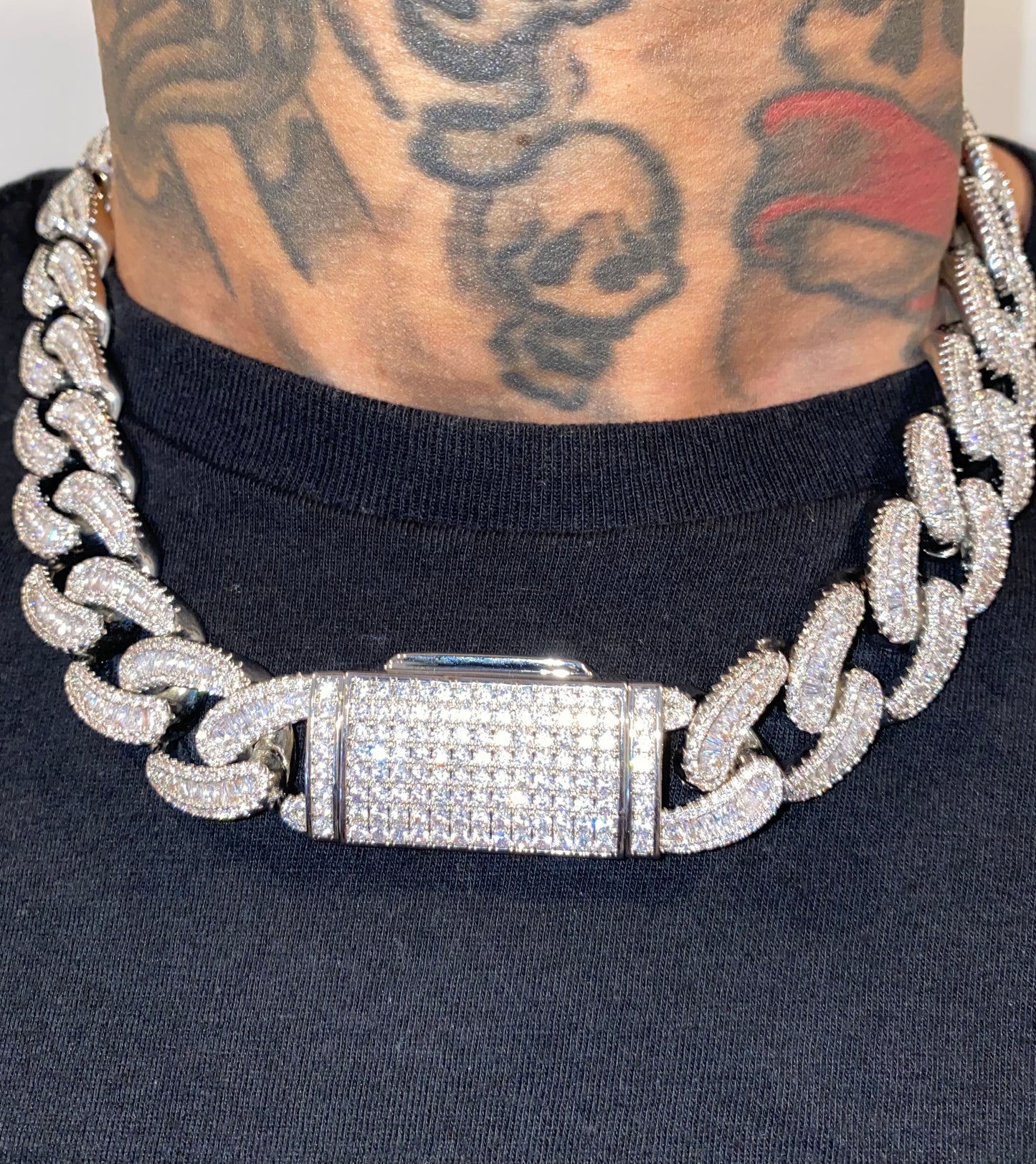 Baller baguette Cuban chain silver plated bold mens necklace