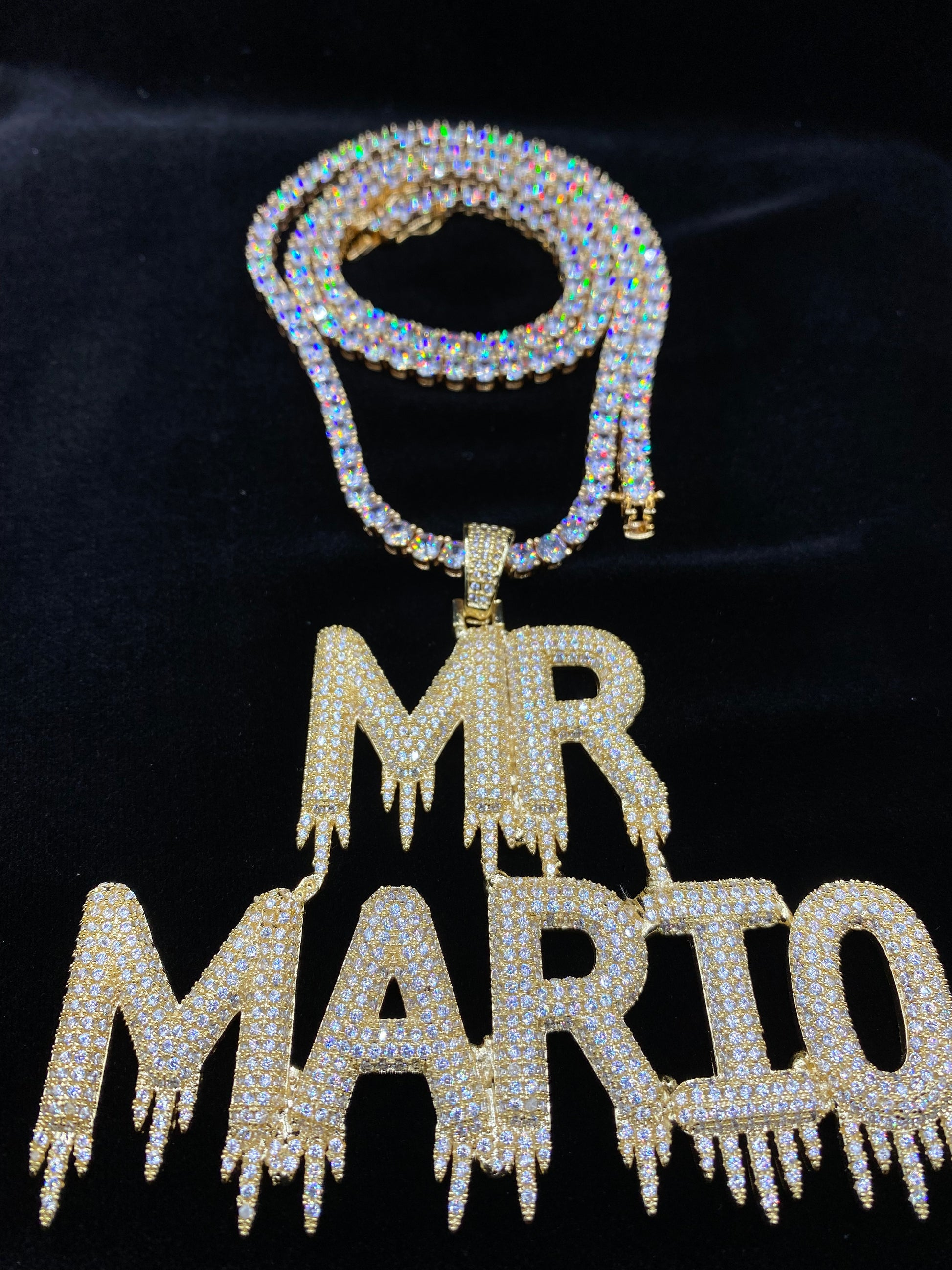 Drippy custom name pendant silver plated with tennis chain