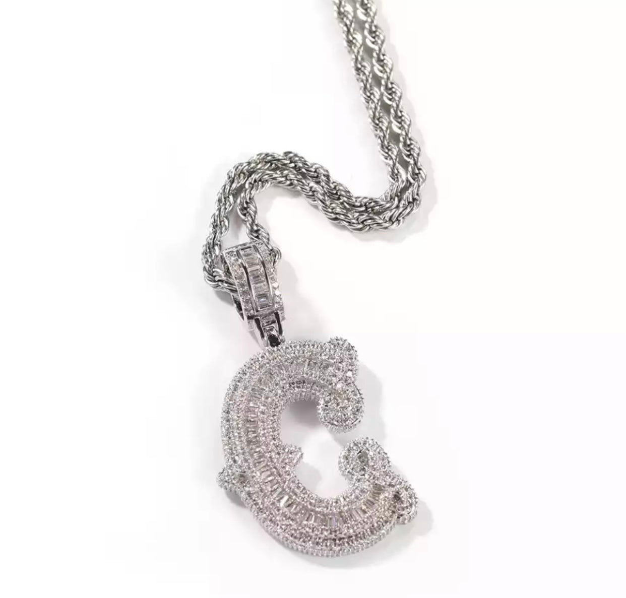 Frozen initial letter pendant silver plated with rope chain