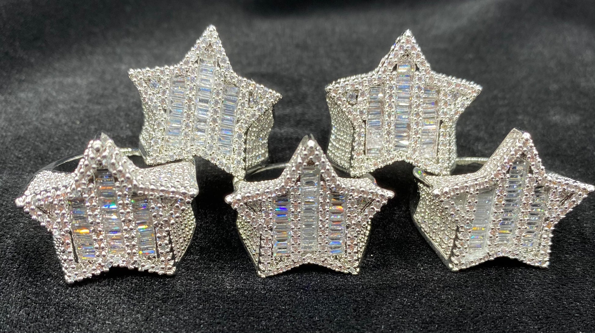 Baguette star ring close up, iced out cubic zirconia stones