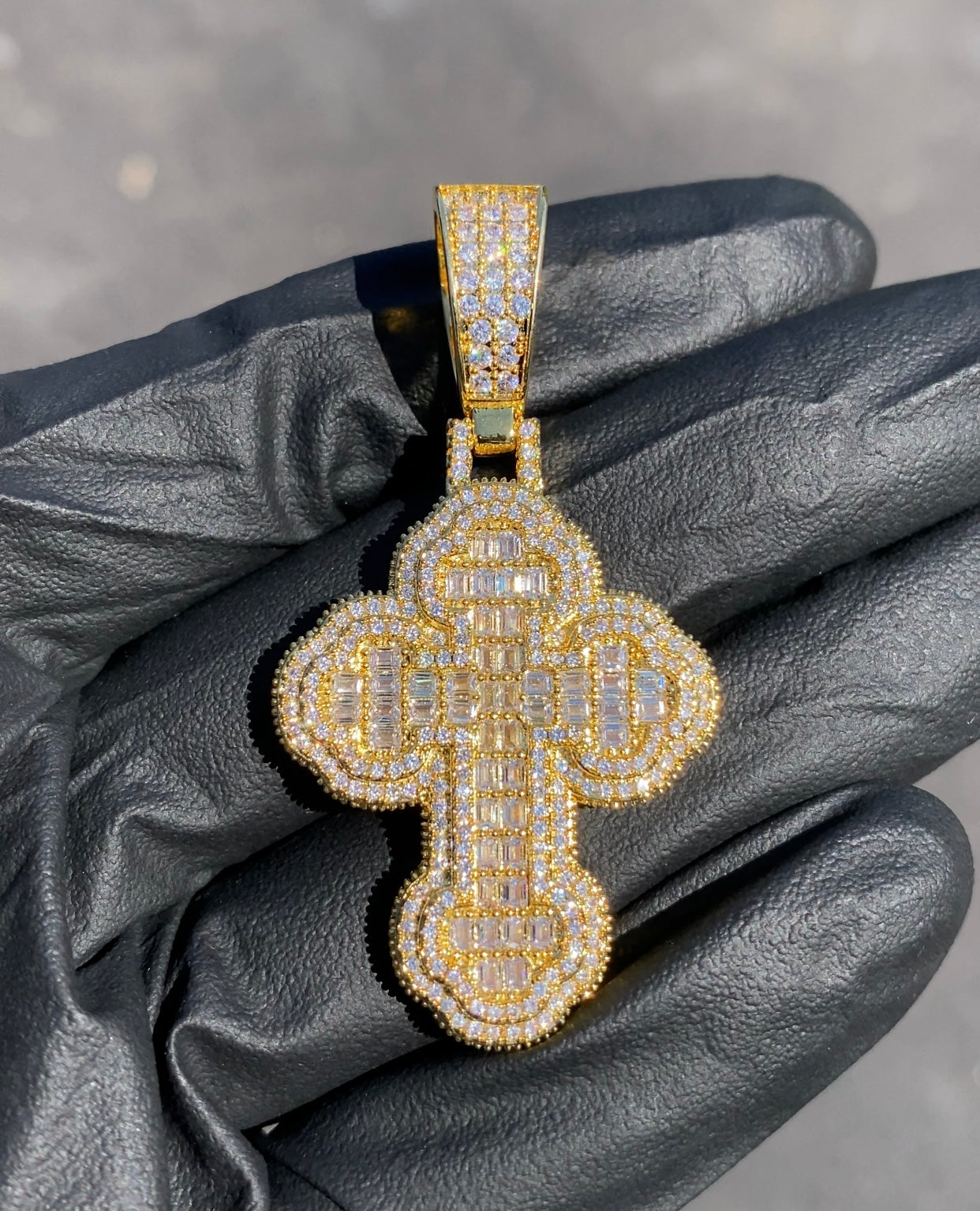 Baguette cross pendant silver plated worn by model, Charmbox Men