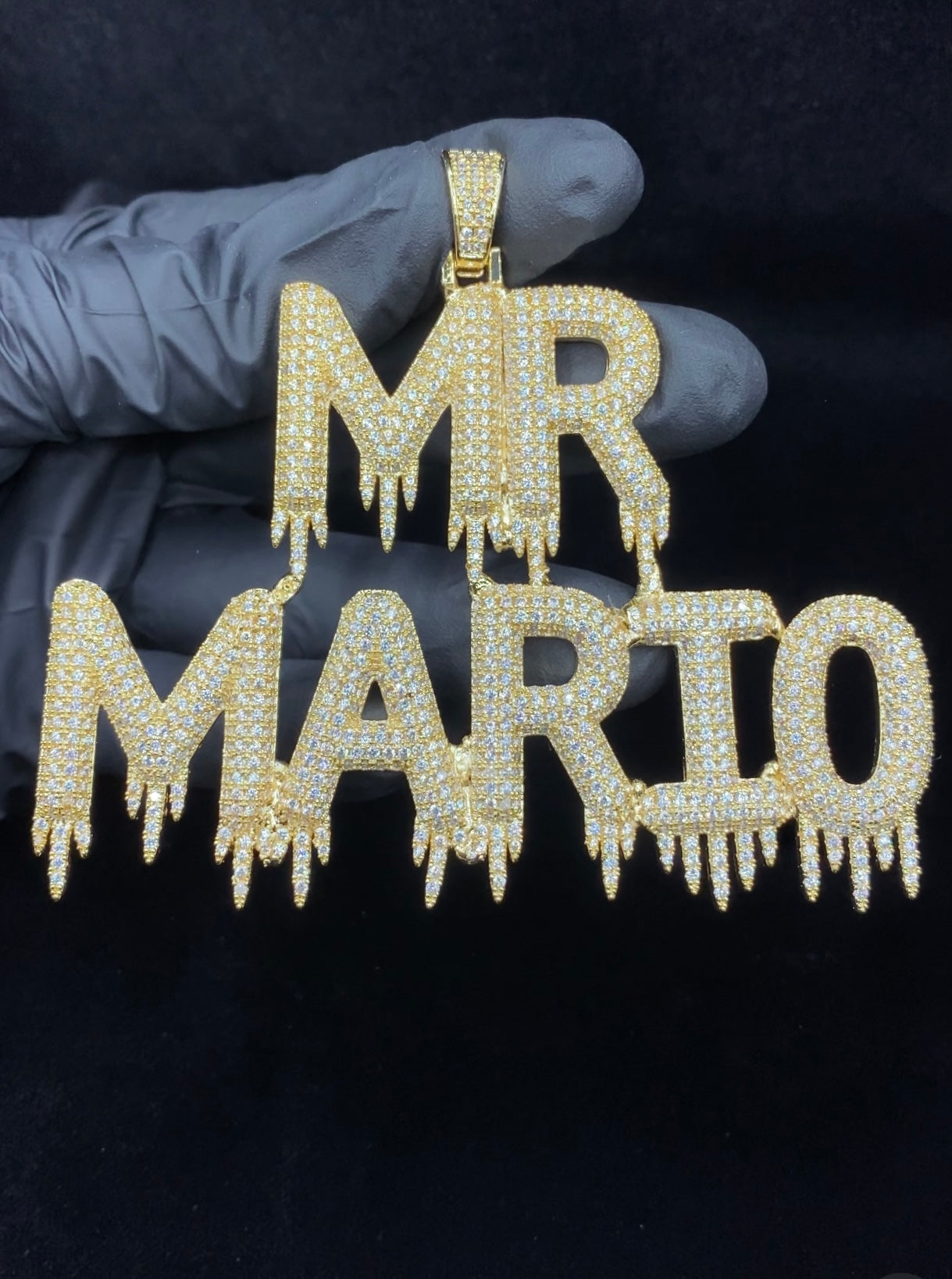 Personalized Drippy name necklace worn by model, Charmbox Men