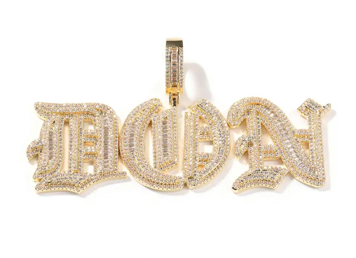 Old English custom name necklace worn by model, Charmbox Men