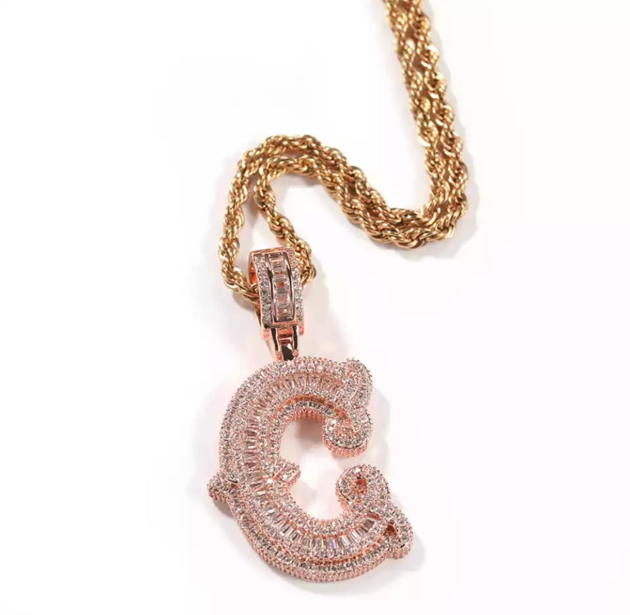 Frozen initial pendant worn on 20 inch rope chain by Charmbox Men